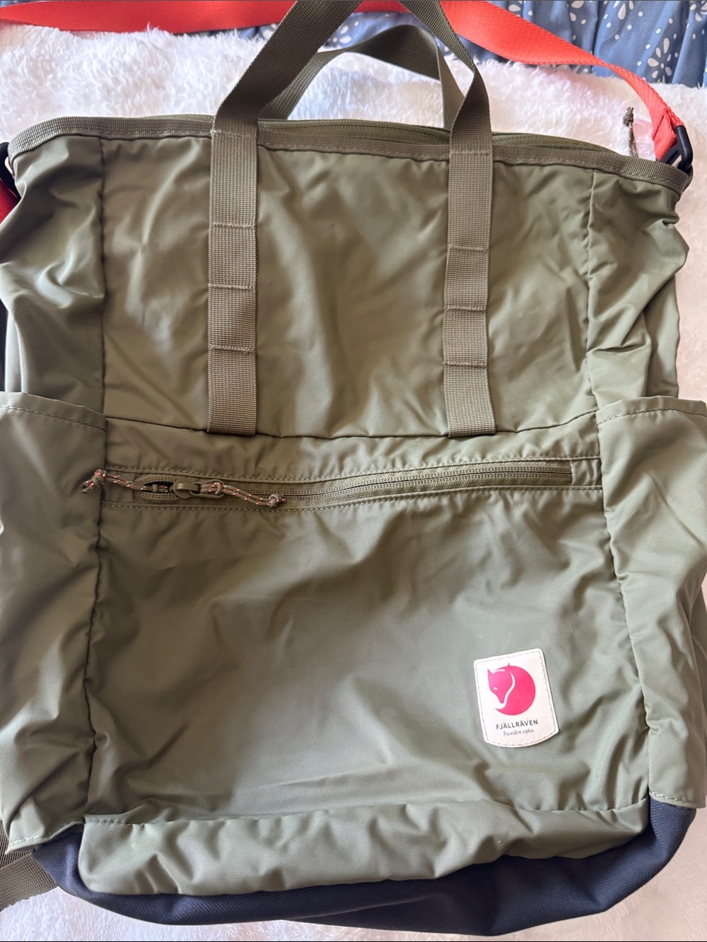 Fjallraven Olive Green Backpack Tote with Red Strap